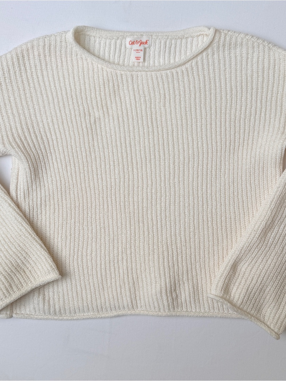 Cat & Jack Girls L 10/12 Cream Ribbed Knit Pullover Sweater